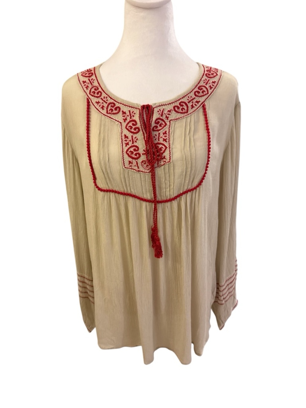 Beige-Taupe Embroidered Boho Peasant Top - Women